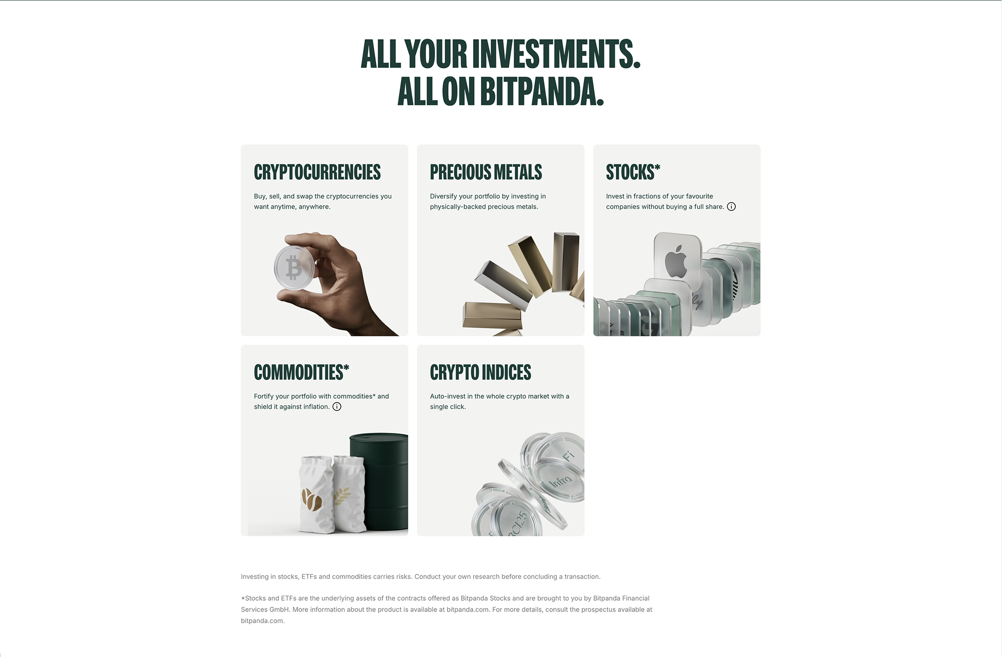 Bitpanda investment portfolio view showing crypto and stock holdings with performance metrics