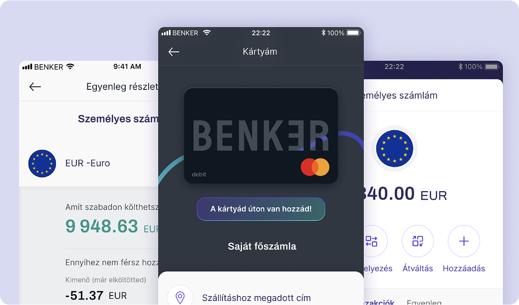 Benker digital banking main dashboard with real-time euro and forint balances and card delivery status