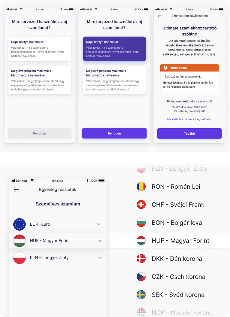 Benker blockchain banking KYC flow with account creation and wallet seed phrase onboarding