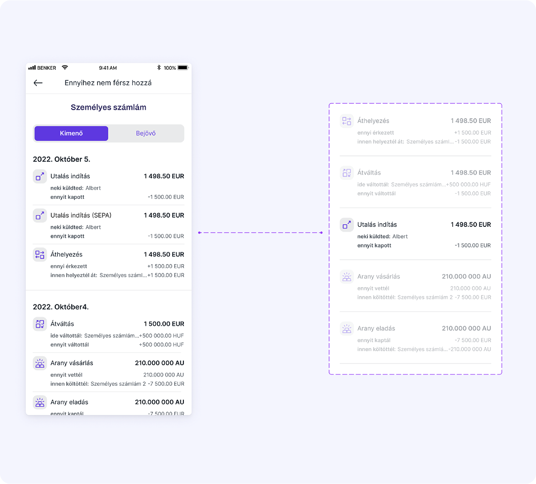 Benker digital banking transaction history with SEPA payments and grouped transfer components