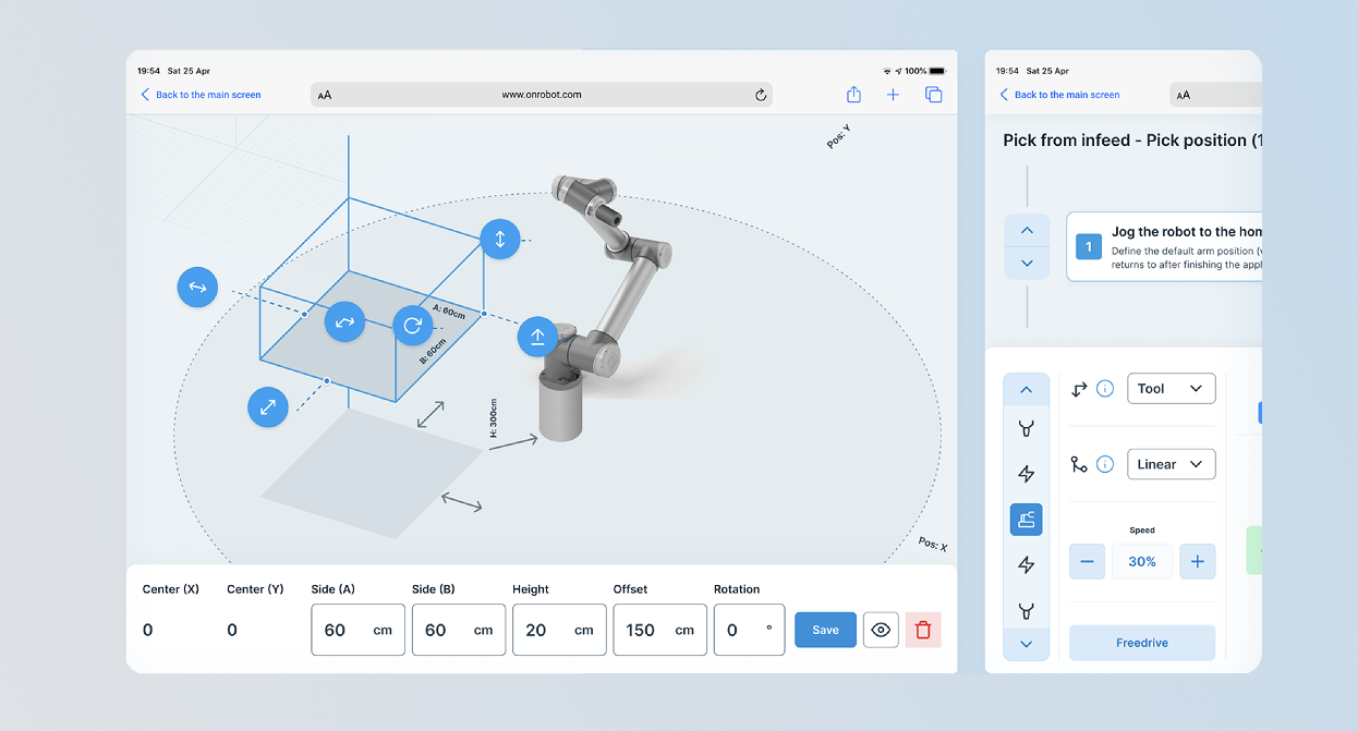 OnRobot tablet HMI interface showing 3D robot workspace configuration