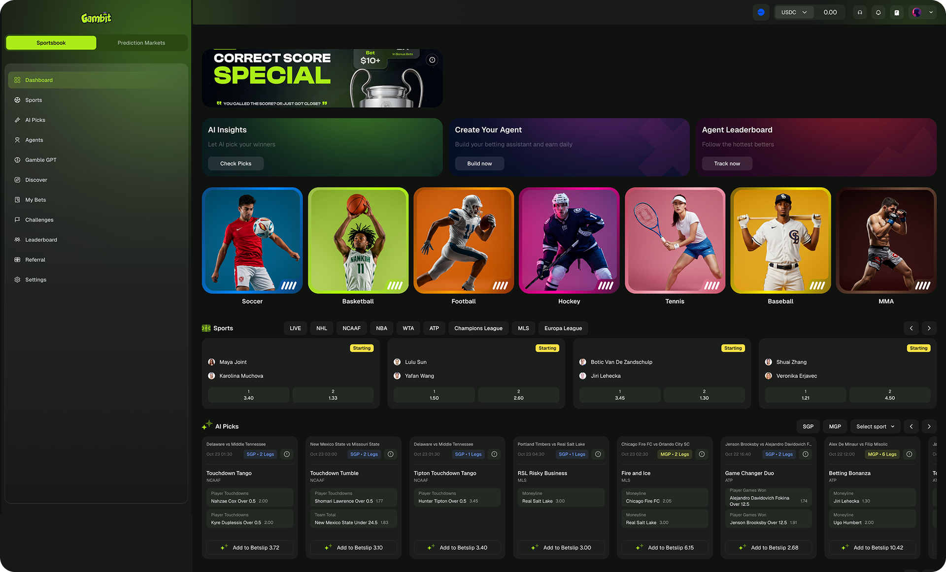 SportsGambit AI prediction market dashboard with live odds and a deliberate decision-review interface