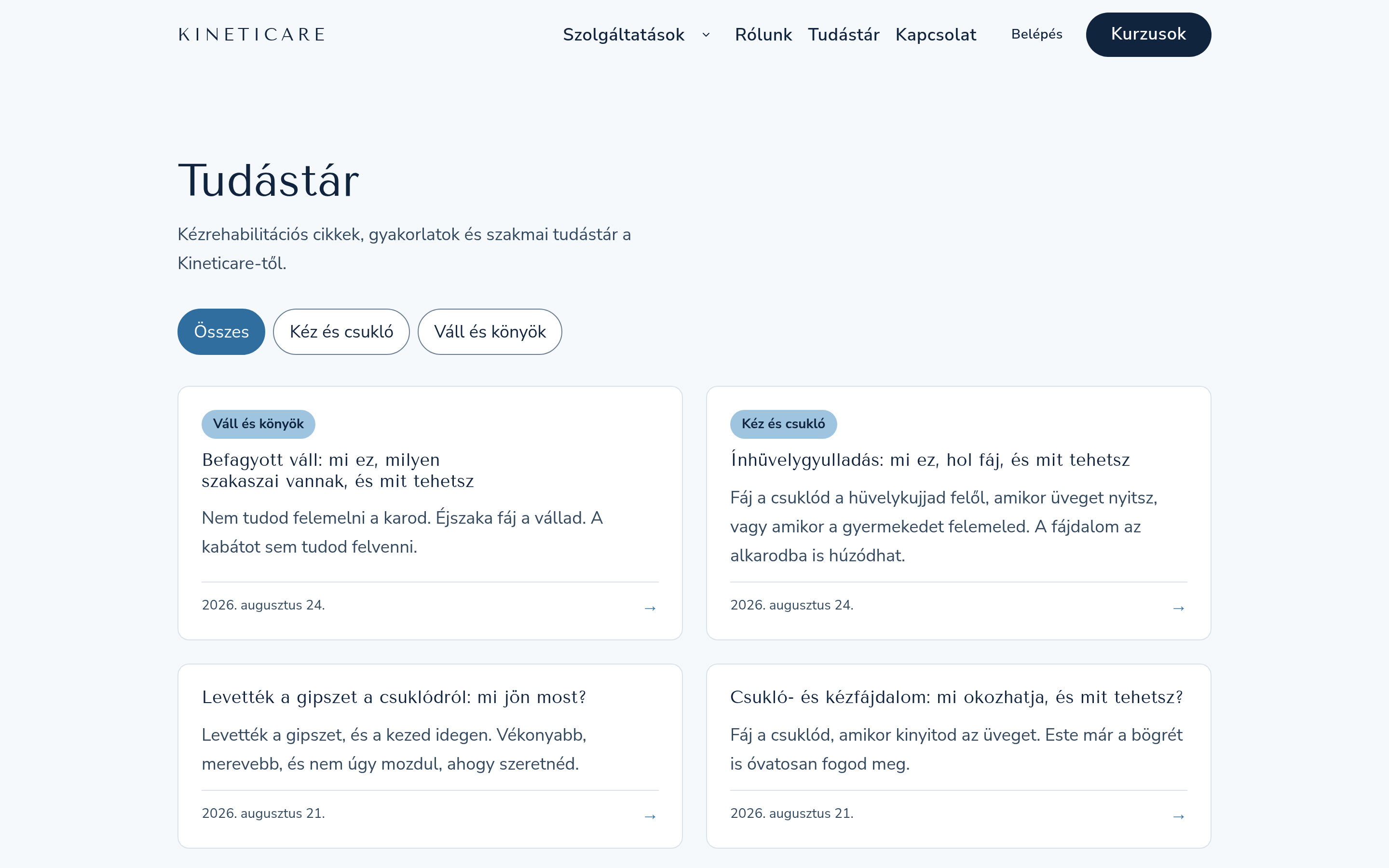 Kineticare knowledge hub listing articles that answer specific hand, wrist and shoulder symptom questions