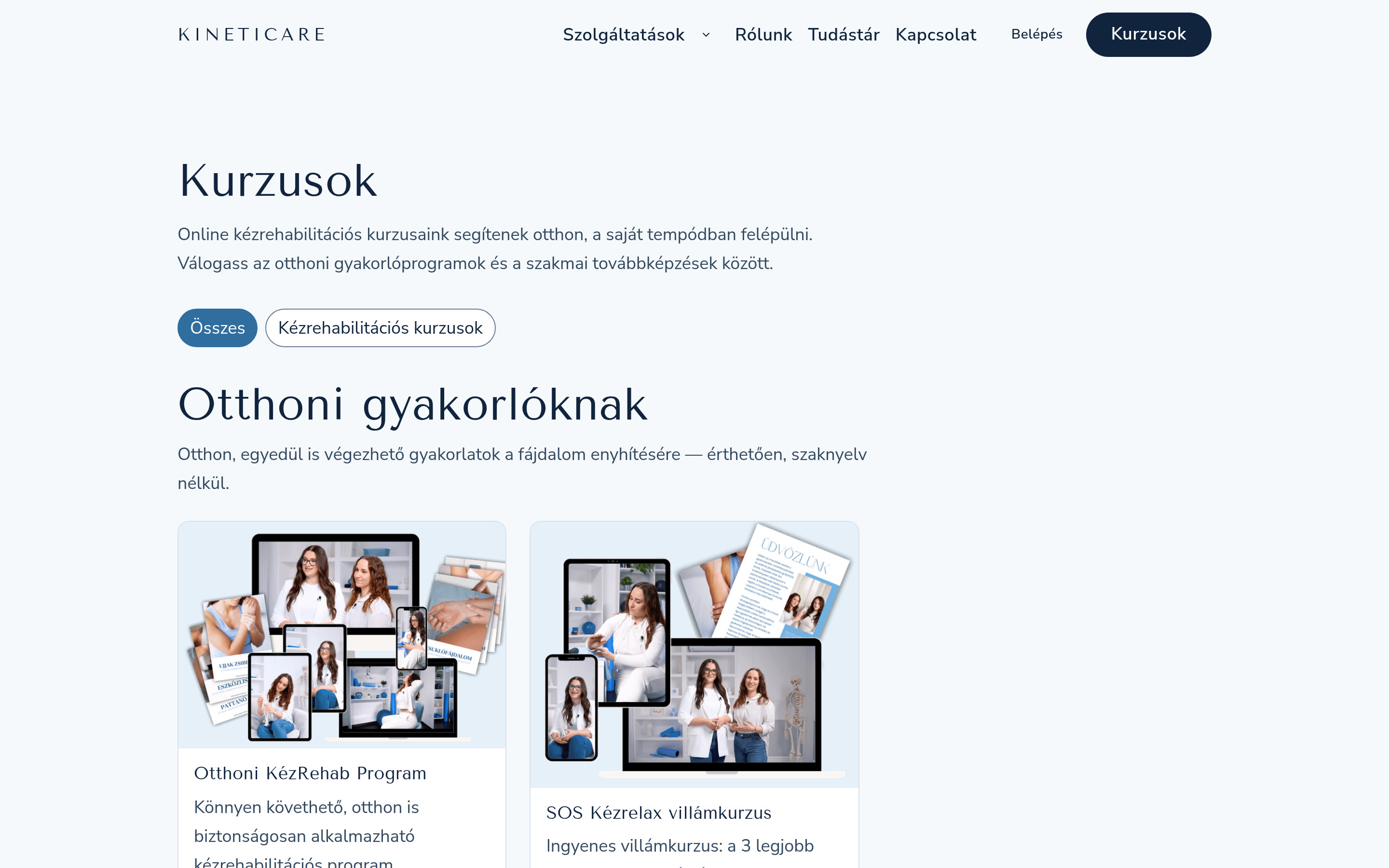 Kineticare course catalogue listing online hand rehabilitation programmes patients follow at home