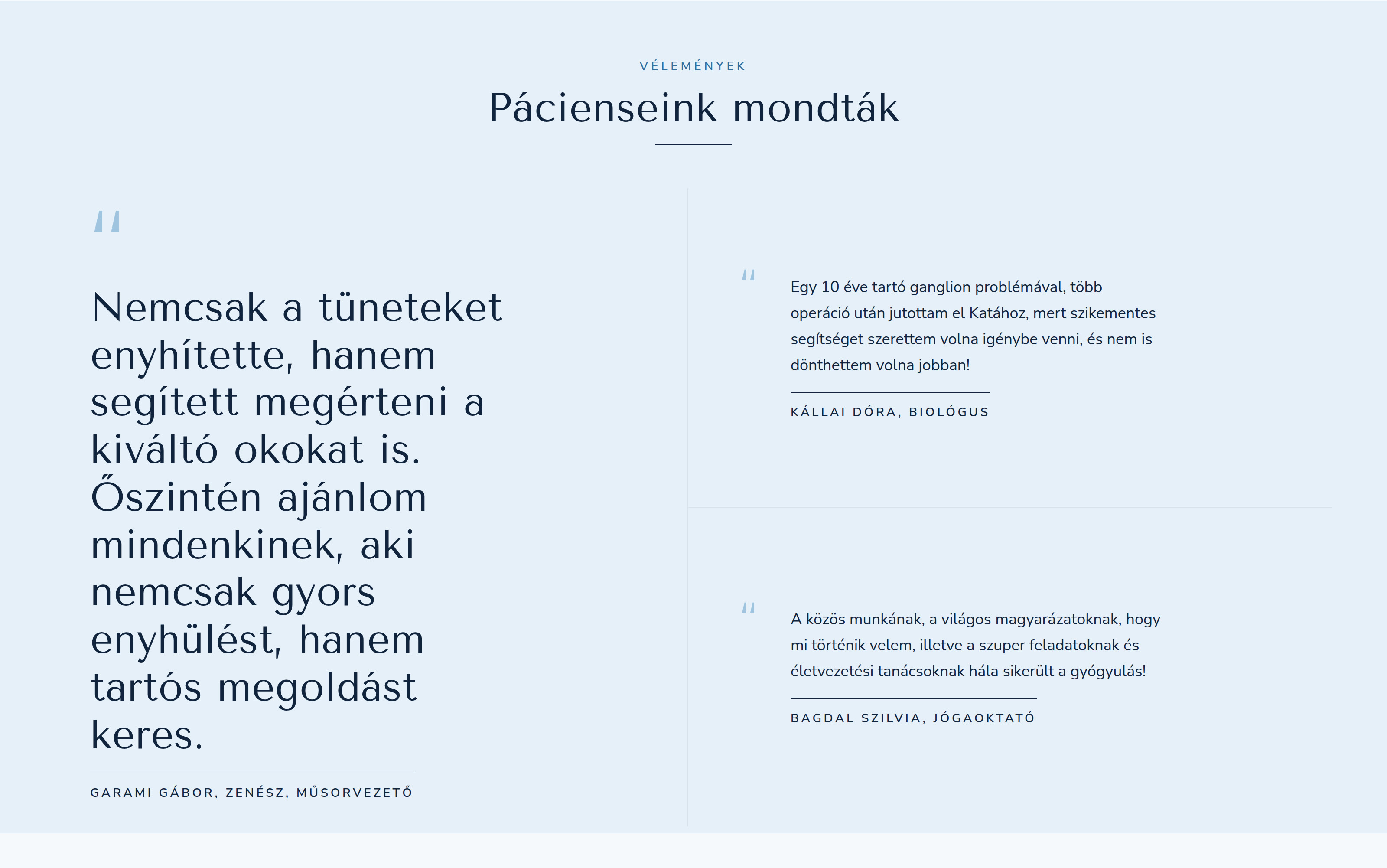 Patient testimonials on Kineticare naming each person, their occupation and the complaint described in each patient story